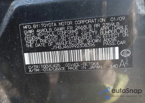 2009 Lexus Es 350 z USA, uszkodzony, nr VIN JTHBJ46G992308396